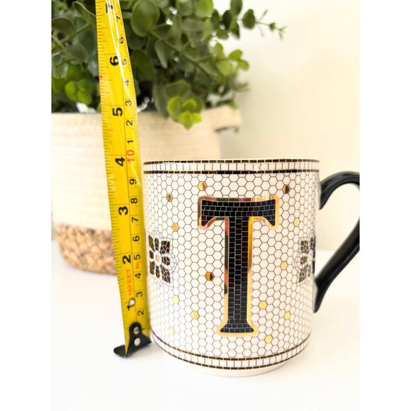 Anthropologie Bistro Tile Margot Coffee Mug Letter T Monogram Black Ceramic - Picture 7 of 7